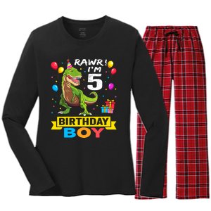 5 Year Old 5th Birthday Boy T Rex Dinosaur Women's Long Sleeve Flannel Pajama Set 