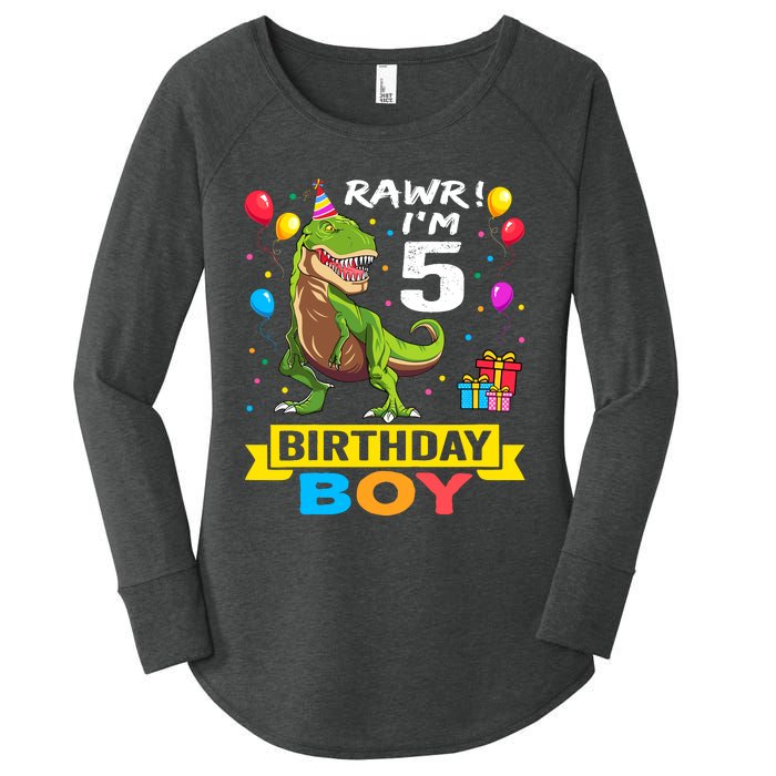 5 Year Old 5th Birthday Boy T Rex Dinosaur Women's Perfect Tri Tunic Long Sleeve Shirt