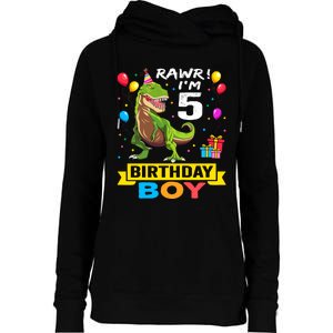 5 Year Old 5th Birthday Boy T Rex Dinosaur Womens Funnel Neck Pullover Hood