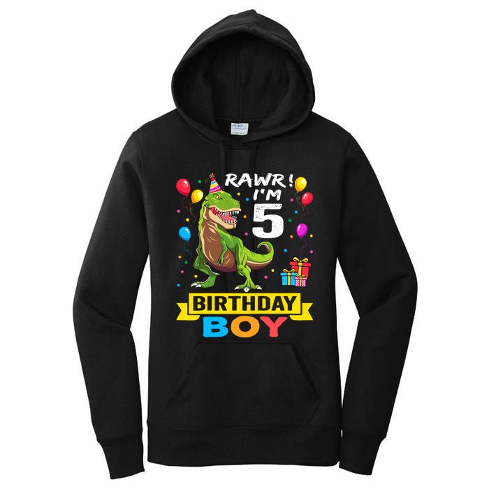 5 Year Old 5th Birthday Boy T Rex Dinosaur Women's Pullover Hoodie