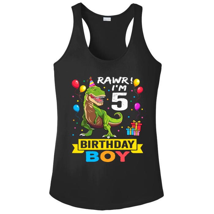 5 Year Old 5th Birthday Boy T Rex Dinosaur Ladies PosiCharge Competitor Racerback Tank