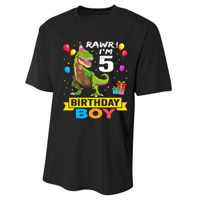 5 Year Old 5th Birthday Boy T Rex Dinosaur Performance Sprint T-Shirt