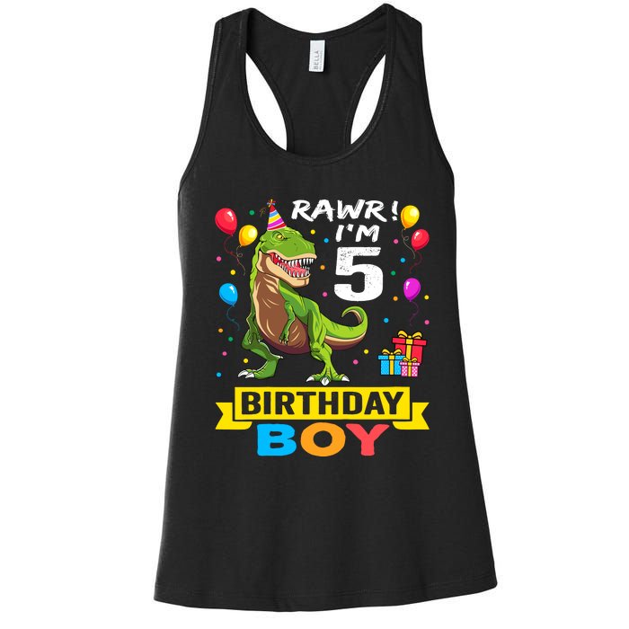 5 Year Old 5th Birthday Boy T Rex Dinosaur Women's Racerback Tank