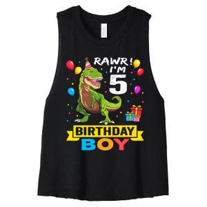 5 Year Old 5th Birthday Boy T Rex Dinosaur Women's Racerback Cropped Tank