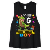 5 Year Old 5th Birthday Boy T Rex Dinosaur Women's Racerback Cropped Tank