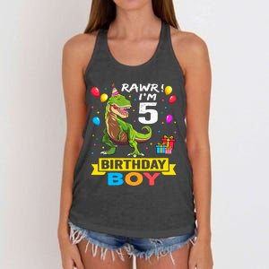 5 Year Old 5th Birthday Boy T Rex Dinosaur Women's Knotted Racerback Tank