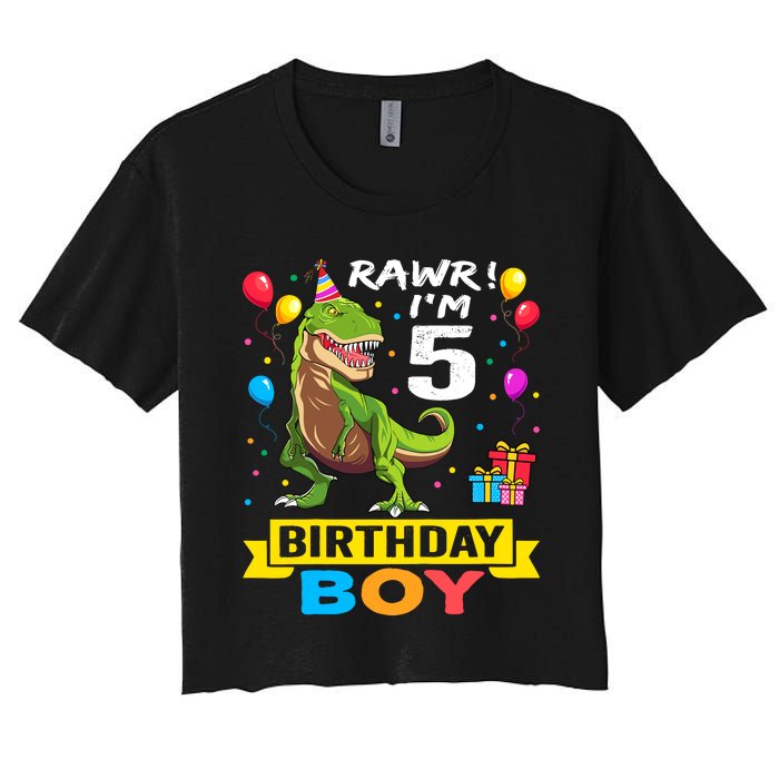 5 Year Old 5th Birthday Boy T Rex Dinosaur Women's Crop Top Tee