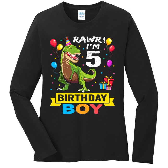 5 Year Old 5th Birthday Boy T Rex Dinosaur Ladies Long Sleeve Shirt