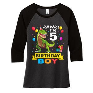 5 Year Old 5th Birthday Boy T Rex Dinosaur Women's Tri-Blend 3/4-Sleeve Raglan Shirt