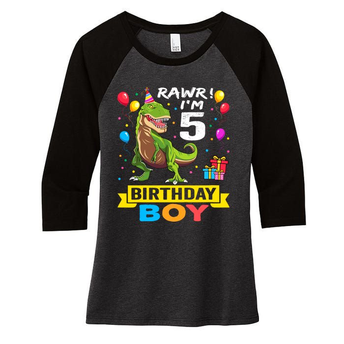 5 Year Old 5th Birthday Boy T Rex Dinosaur Women's Tri-Blend 3/4-Sleeve Raglan Shirt