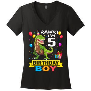 5 Year Old 5th Birthday Boy T Rex Dinosaur Women's V-Neck T-Shirt