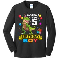 5 Year Old 5th Birthday Boy T Rex Dinosaur Kids Long Sleeve Shirt