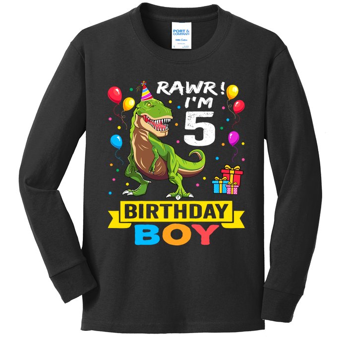 5 Year Old 5th Birthday Boy T Rex Dinosaur Kids Long Sleeve Shirt