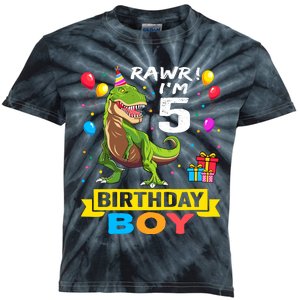 5 Year Old 5th Birthday Boy T Rex Dinosaur Kids Tie-Dye T-Shirt