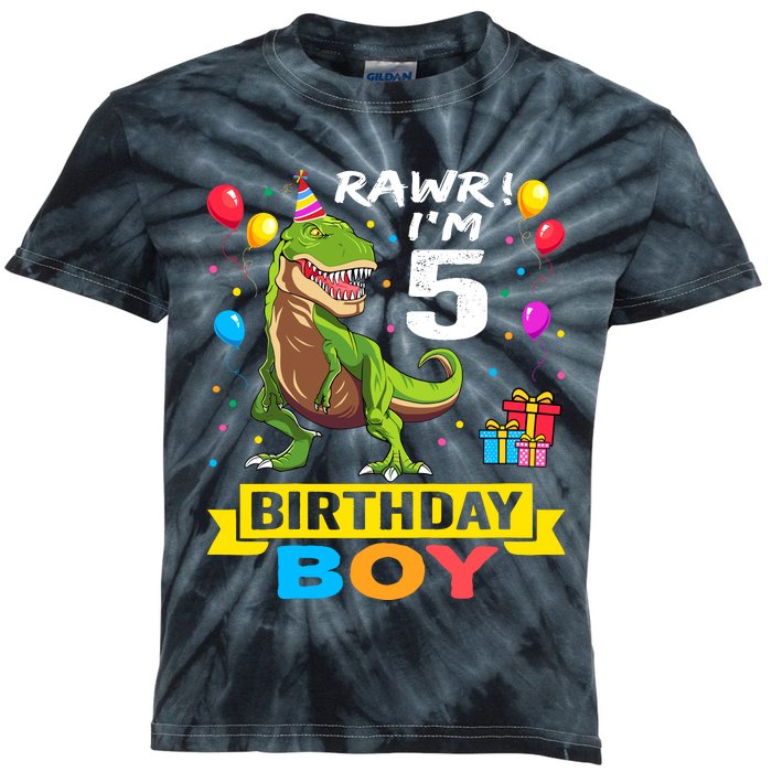 5 Year Old 5th Birthday Boy T Rex Dinosaur Kids Tie-Dye T-Shirt