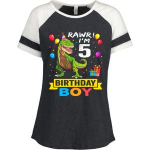 5 Year Old 5th Birthday Boy T Rex Dinosaur Enza Ladies Jersey Colorblock Tee