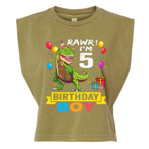 5 Year Old 5th Birthday Boy T Rex Dinosaur Garment-Dyed Women's Muscle Tee