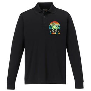 5 Year Old Dinosaur Birthday 5th T Rex Dino Five Saurus Gift Performance Long Sleeve Polo