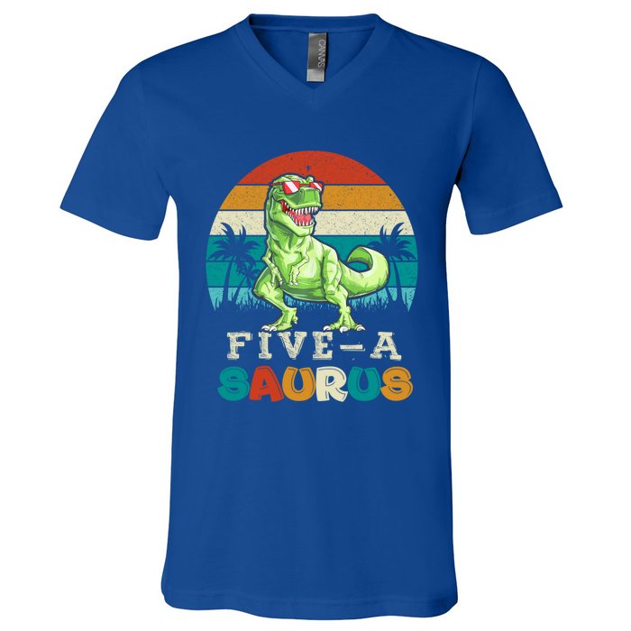 5 Year Old Dinosaur Birthday 5th T Rex Dino Five Saurus Gift V-Neck T-Shirt