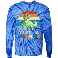 5 Year Old Dinosaur Birthday 5th T Rex Dino Five Saurus Gift Tie-Dye Long Sleeve Shirt