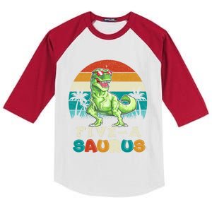 5 Year Old Dinosaur Birthday 5th T Rex Dino Five Saurus Gift Kids Colorblock Raglan Jersey