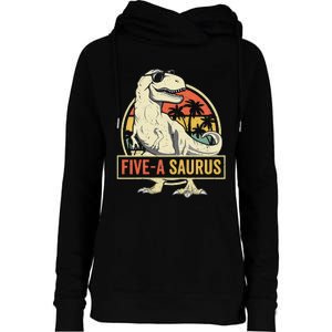 5 Year Old Dinosaur Birthday 5th T Rex Dino Five Saurus Womens Funnel Neck Pullover Hood