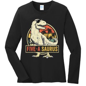 5 Year Old Dinosaur Birthday 5th T Rex Dino Five Saurus Ladies Long Sleeve Shirt