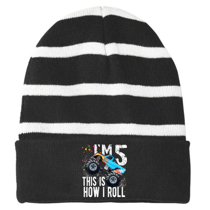 5 Year Old Gift Cool 5th Birthday Boy Gift For Monster Truck Car Lovers Striped Beanie with Solid Band