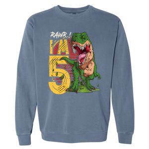 5 Year Old Gifts 5th Birthday Boy Rawr I'm 5 T Rex Dinosaur Garment-Dyed Sweatshirt