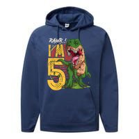 5 Year Old Gifts 5th Birthday Boy Rawr I'm 5 T Rex Dinosaur Performance Fleece Hoodie