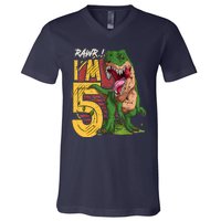 5 Year Old Gifts 5th Birthday Boy Rawr I'm 5 T Rex Dinosaur V-Neck T-Shirt