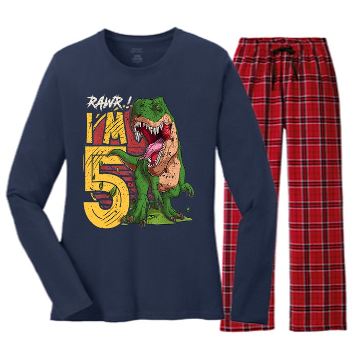 5 Year Old Gifts 5th Birthday Boy Rawr I'm 5 T Rex Dinosaur Women's Long Sleeve Flannel Pajama Set 