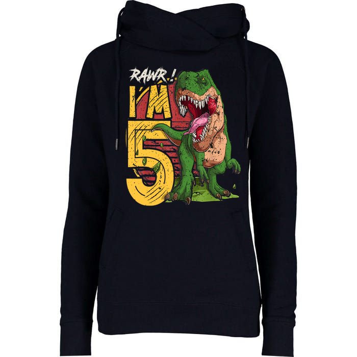 5 Year Old Gifts 5th Birthday Boy Rawr I'm 5 T Rex Dinosaur Womens Funnel Neck Pullover Hood