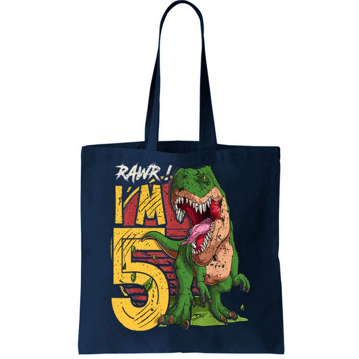 5 Year Old Gifts 5th Birthday Boy Rawr I'm 5 T Rex Dinosaur Tote Bag