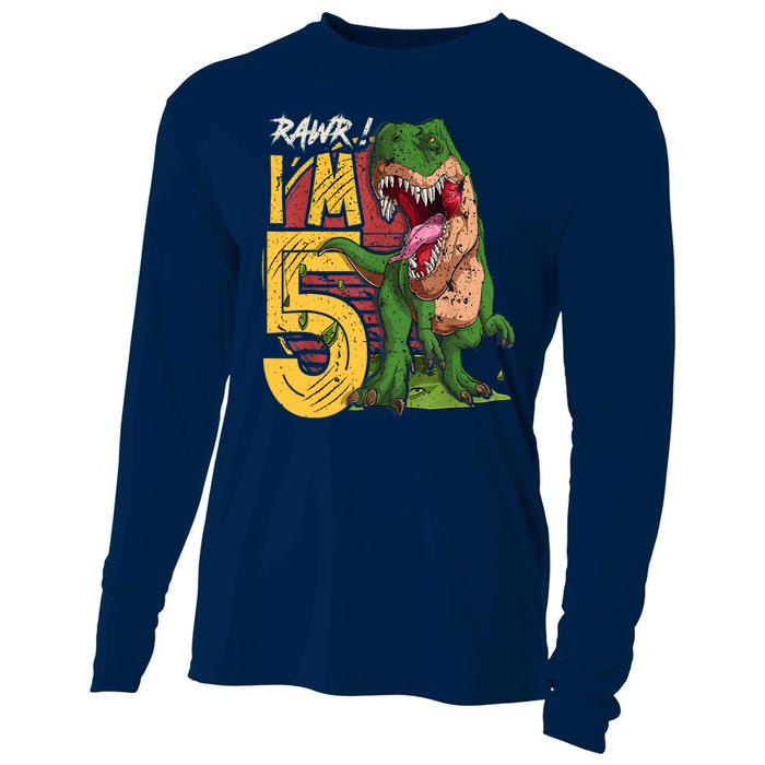 5 Year Old Gifts 5th Birthday Boy Rawr I'm 5 T Rex Dinosaur Cooling Performance Long Sleeve Crew