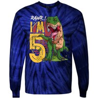 5 Year Old Gifts 5th Birthday Boy Rawr I'm 5 T Rex Dinosaur Tie-Dye Long Sleeve Shirt