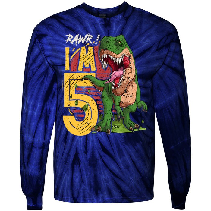 5 Year Old Gifts 5th Birthday Boy Rawr I'm 5 T Rex Dinosaur Tie-Dye Long Sleeve Shirt