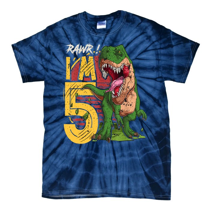 5 Year Old Gifts 5th Birthday Boy Rawr I'm 5 T Rex Dinosaur Tie-Dye T-Shirt