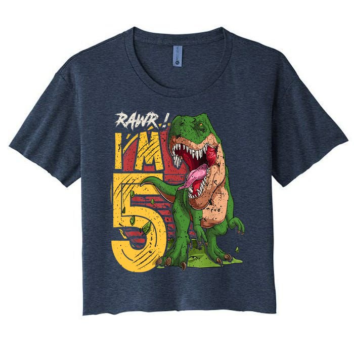 5 Year Old Gifts 5th Birthday Boy Rawr I'm 5 T Rex Dinosaur Women's Crop Top Tee