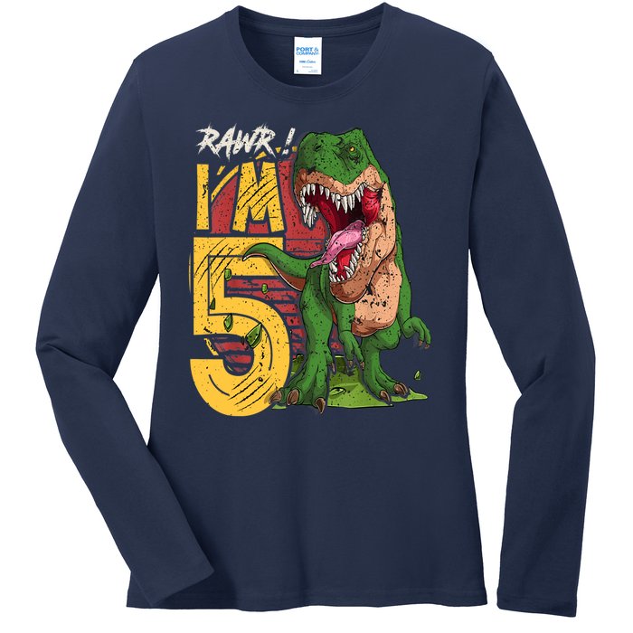 5 Year Old Gifts 5th Birthday Boy Rawr I'm 5 T Rex Dinosaur Ladies Long Sleeve Shirt