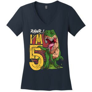 5 Year Old Gifts 5th Birthday Boy Rawr I'm 5 T Rex Dinosaur Women's V-Neck T-Shirt