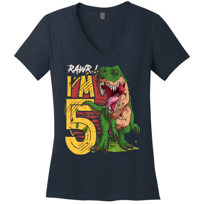 5 Year Old Gifts 5th Birthday Boy Rawr I'm 5 T Rex Dinosaur Women's V-Neck T-Shirt