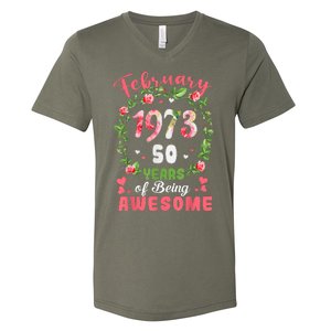 50 Years Old Made In February 1973 50th Flower Birthday Gift V-Neck T-Shirt