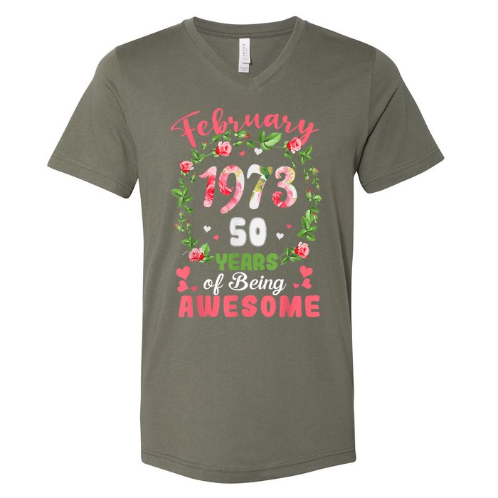 50 Years Old Made In February 1973 50th Flower Birthday Gift V-Neck T-Shirt