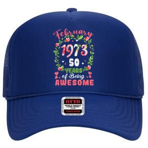 50 Years Old Made In February 1973 50th Flower Birthday Gift High Crown Mesh Back Trucker Hat