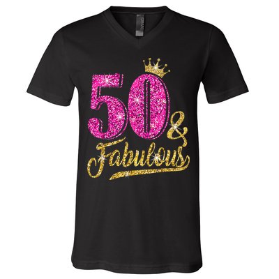 50 Years Old Gift 50 & Fabulous 50th Birthday Pink Crown V-Neck T-Shirt