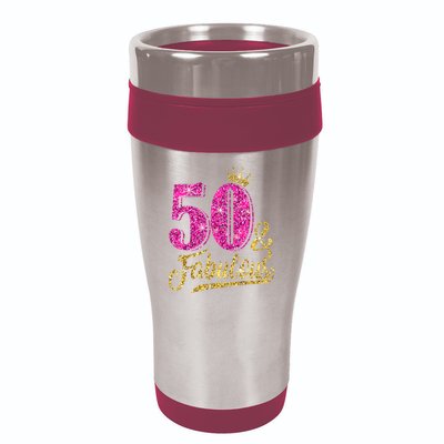50 Years Old Gift 50 & Fabulous 50th Birthday Pink Crown 16oz Travel Tumbler
