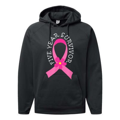 5 Year Survivor Pink Ribbon Breast Cancer Performance Fleece Hoodie