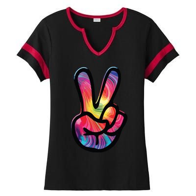 60s 70s Tie Dye Peace Hand Sign Hippie Ladies Halftime Notch Neck Tee