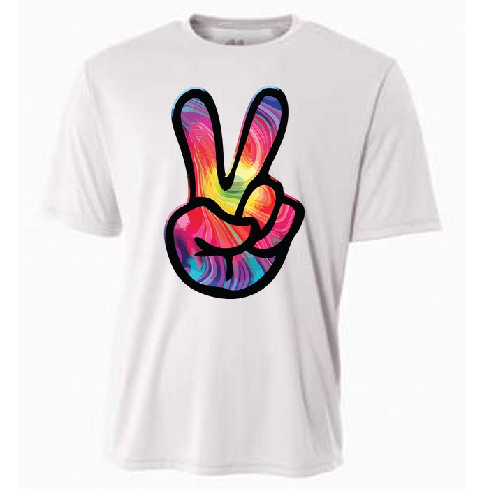 60s 70s Tie Dye Peace Hand Sign Hippie Cooling Performance Crew T-Shirt